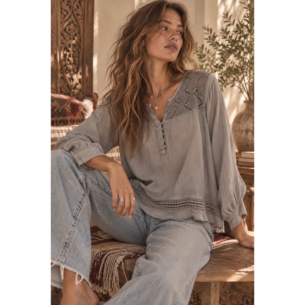 Artisan NY Women XL Gray 100% Linen Crochet Lace Trim Long Sleeve Boho Blouse
